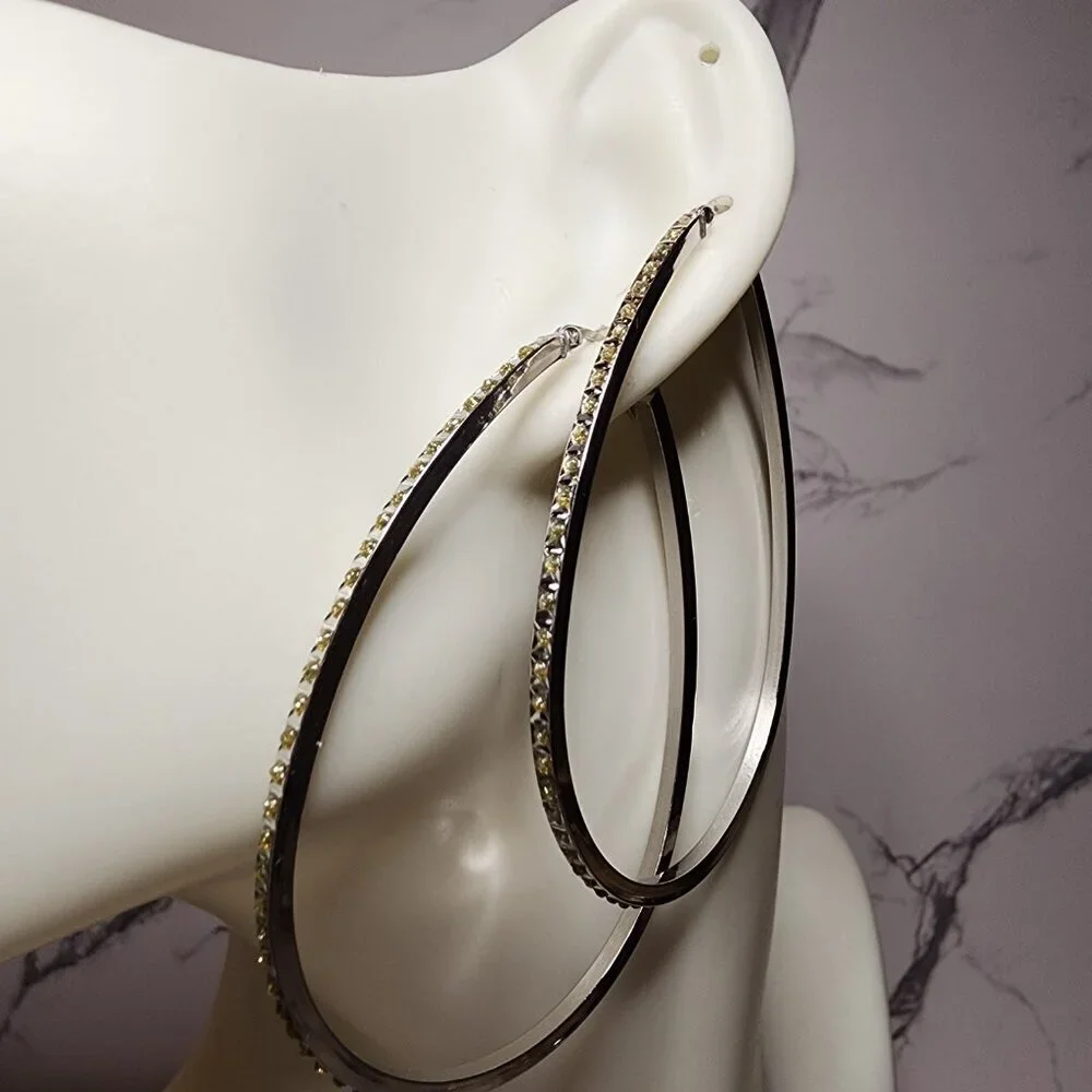 925 Silver Large Hoop Earrings Champagne Colored Stones